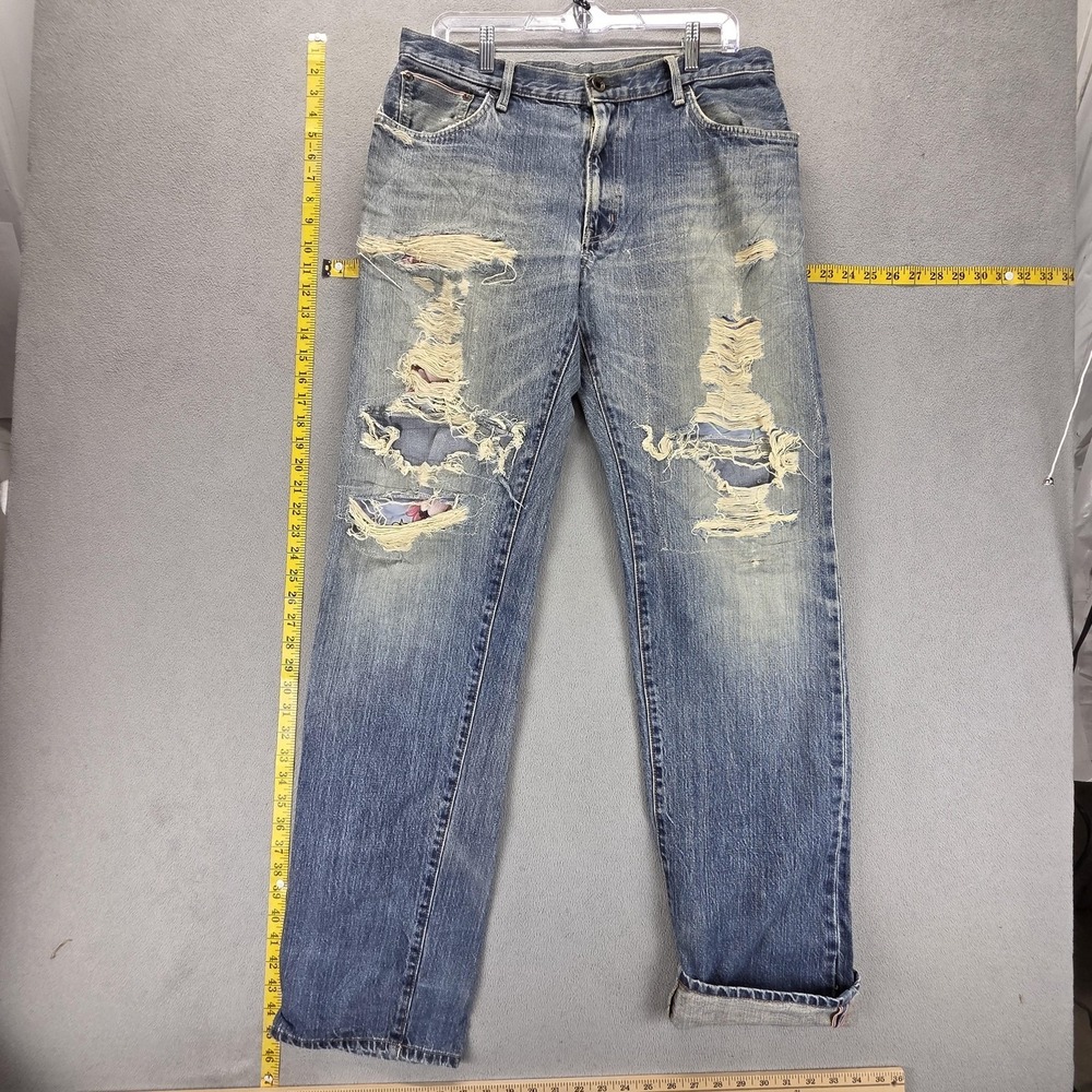 Edwin 505 Jeans Mens 33x36 Blue Selvedge Thrashed Destroyed Zip Fly